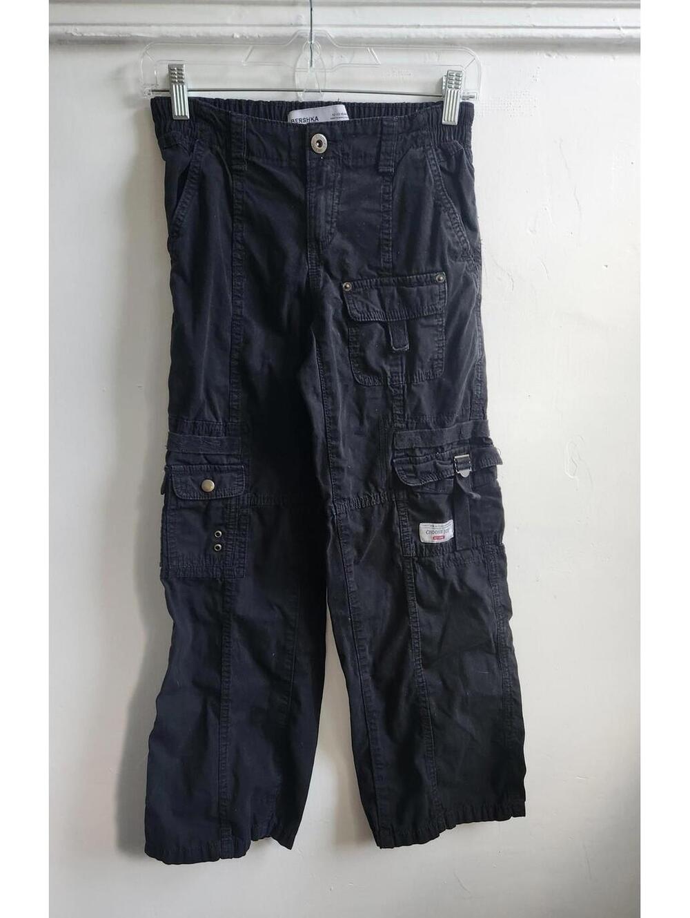 Bershka Cargo Pants Youth 10-12 Years Black Multi Pocket Utility Streetwear